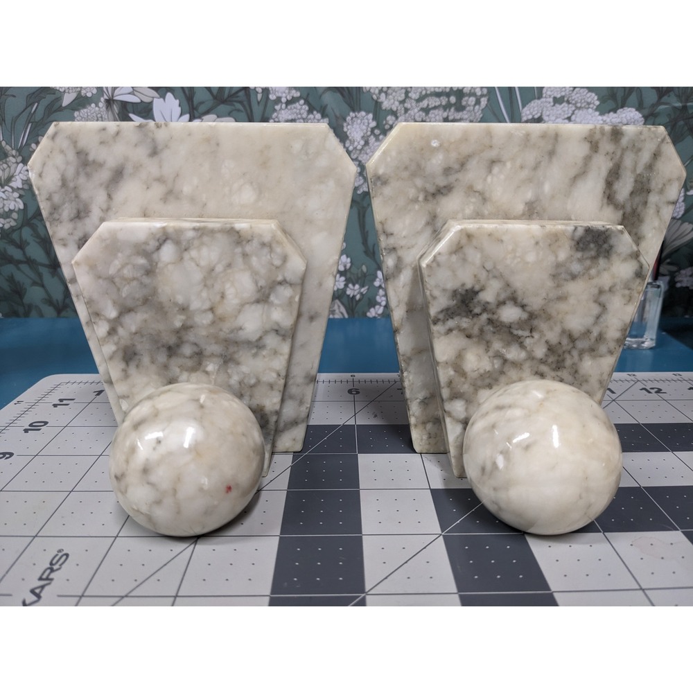 Vintage Art Deco White Grey Marble Tiered Geometric Sphere Bookends Set of 2